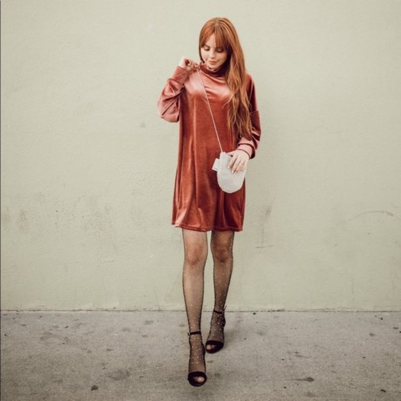 UO Dusty Pink Velvet Turtleneck Mini Dress S - Picture 5 of 11
